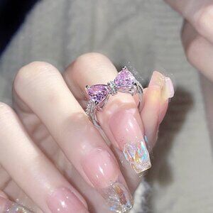 Women’s Adjustable Pink Zircon Bow Ring Cute Sparkly Feminine Jewelry